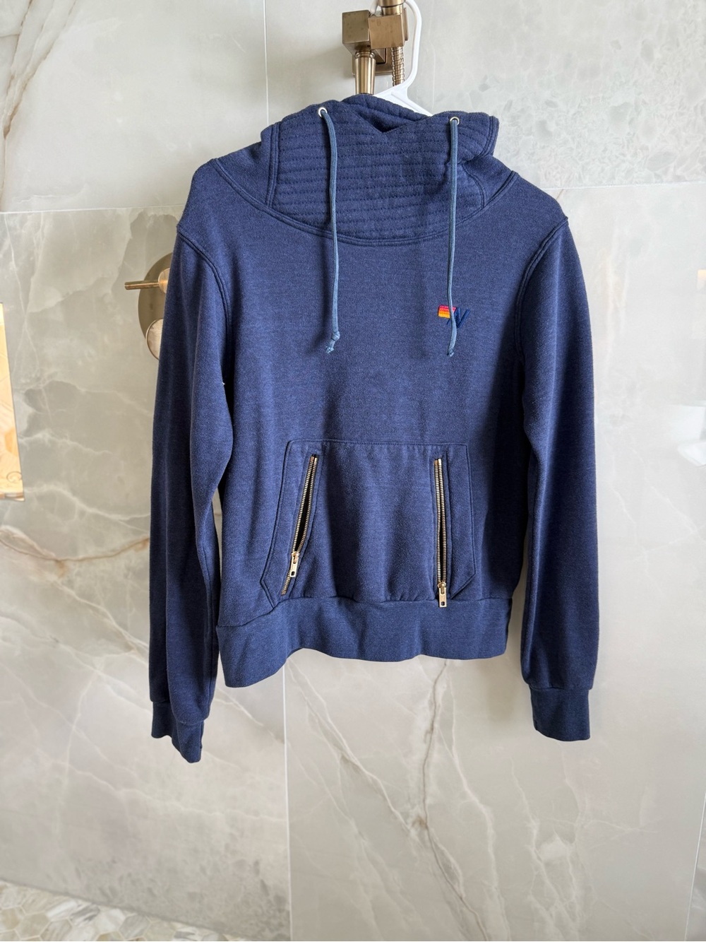 XS Navy Hooded Pullover Sweater with Front Zip Pockets
